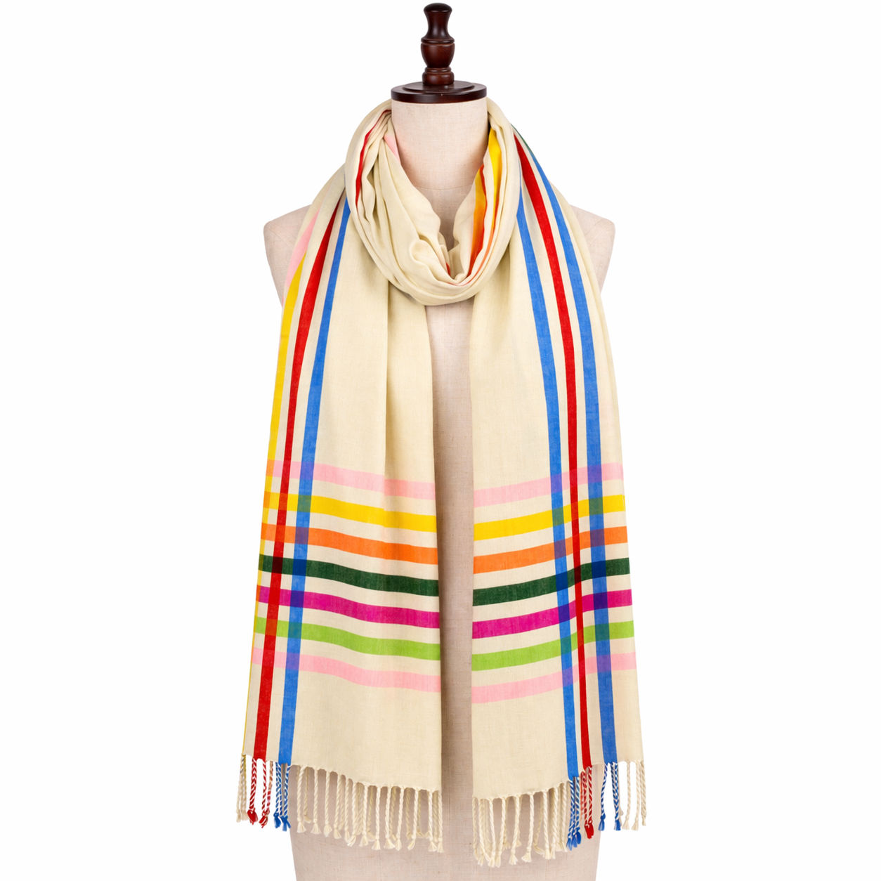 White Wool Scarf With Metallic Silk Stripes